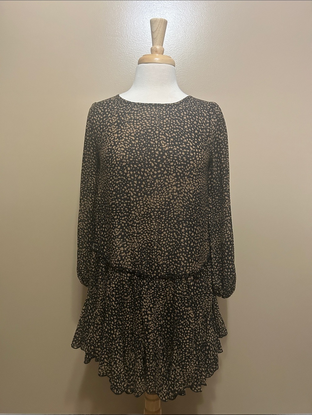 Flawless Long Sleeve Black & Taupe Printed Tiered Dress